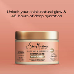 SheaMoisture Illuminating Body Butter with Coconut & Hibiscus, Niacinamide and Pro-Ceramides, Renewing Skin’s Natural Glow, 48H Moisturizing 11.5 oz